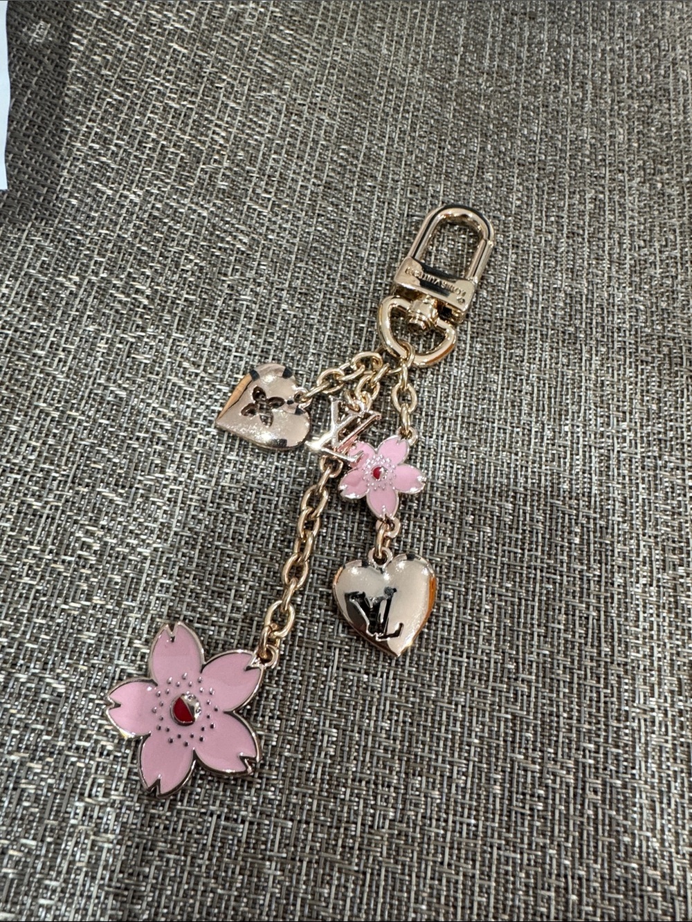 Gold Tone Key & Card Holder Charm with Pink Enamel Flowers